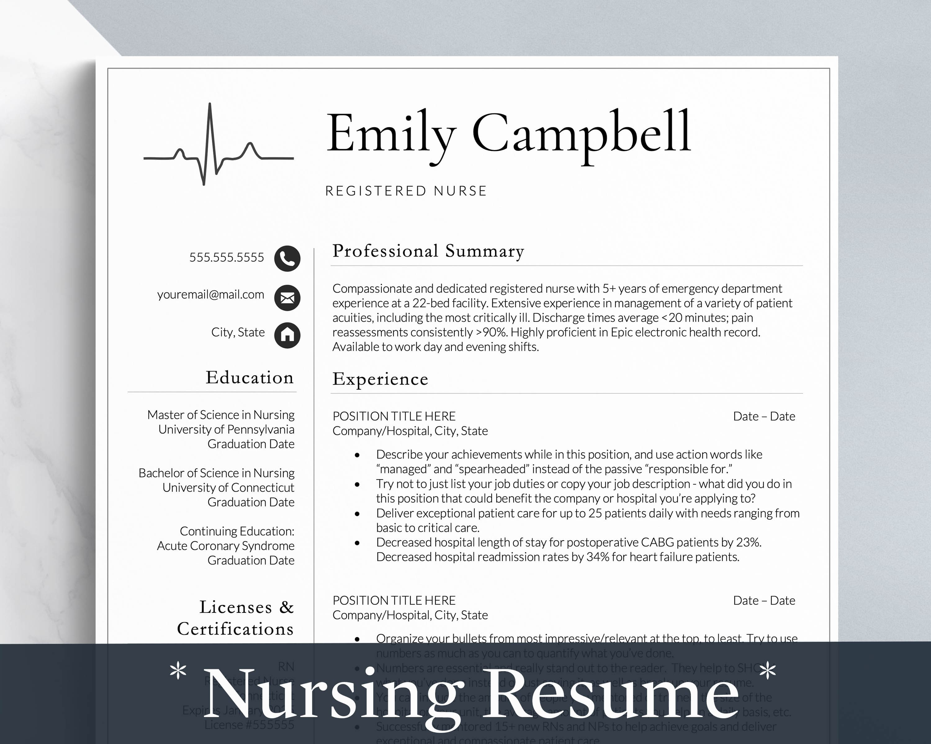 Nursing resume template for google docs, ms word and mac pages