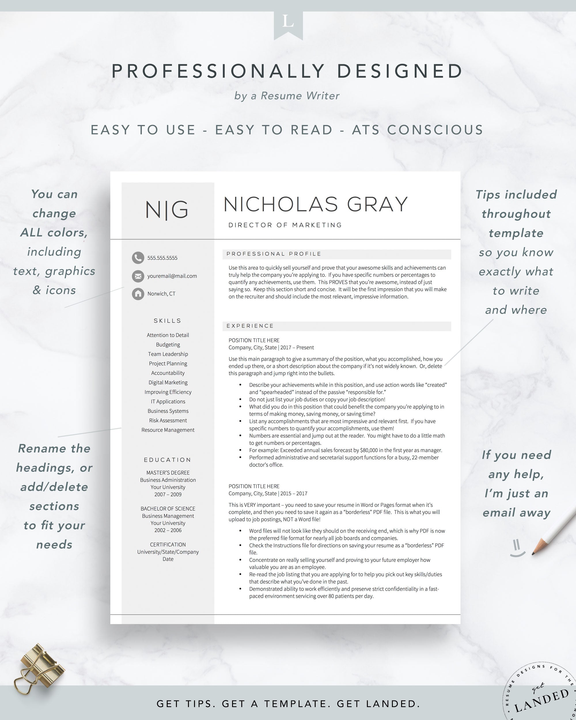 Professional Resume Template for Word and Pages | The Nicholas