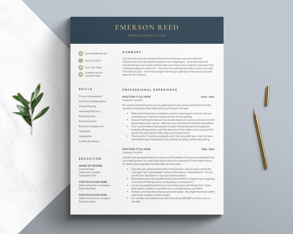 Professional executive resume template for Word and Mac Pages cover letter template