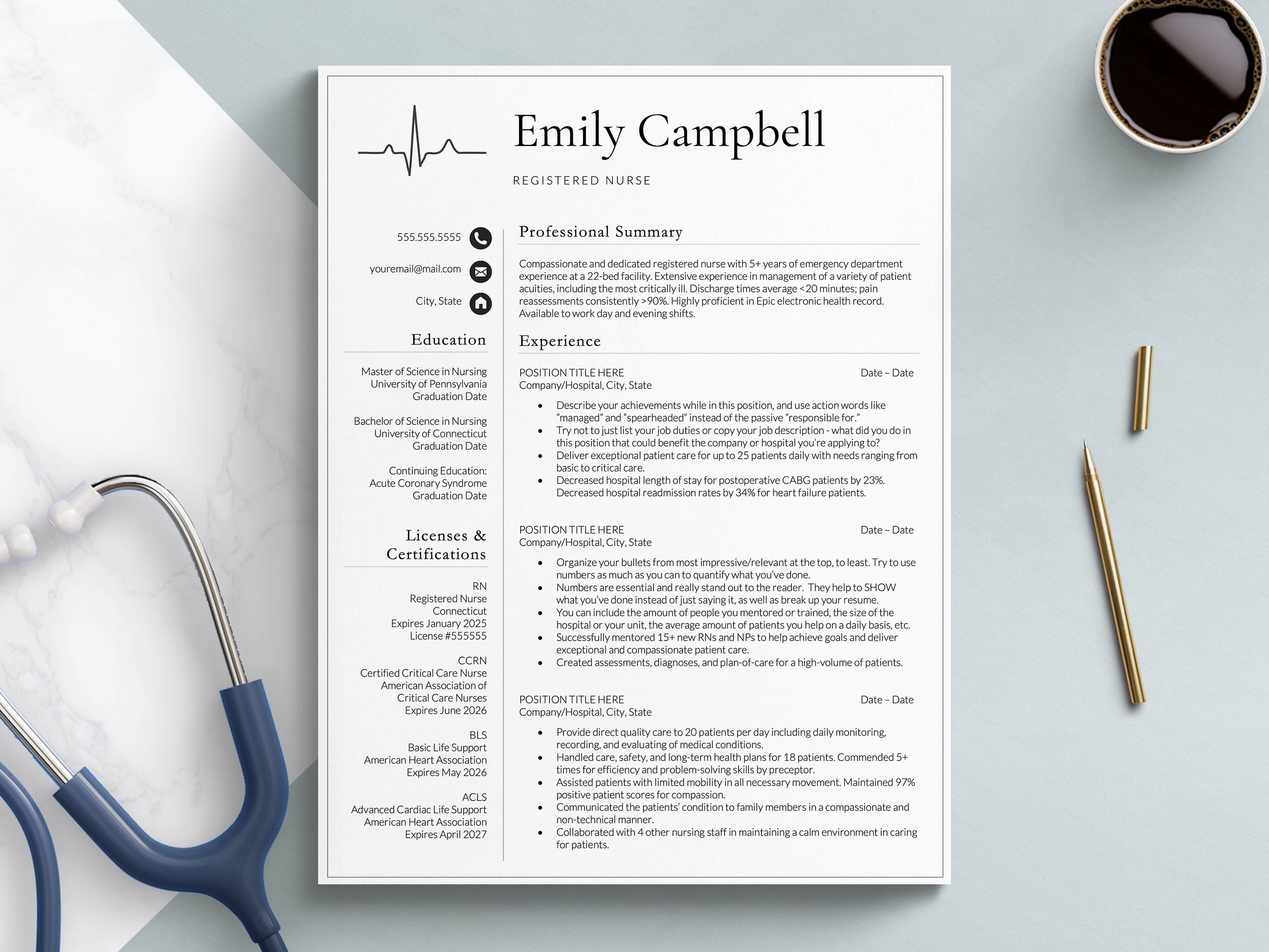 Nursing Resume Template for Google Docs, Word & Apple Pages | The Emily