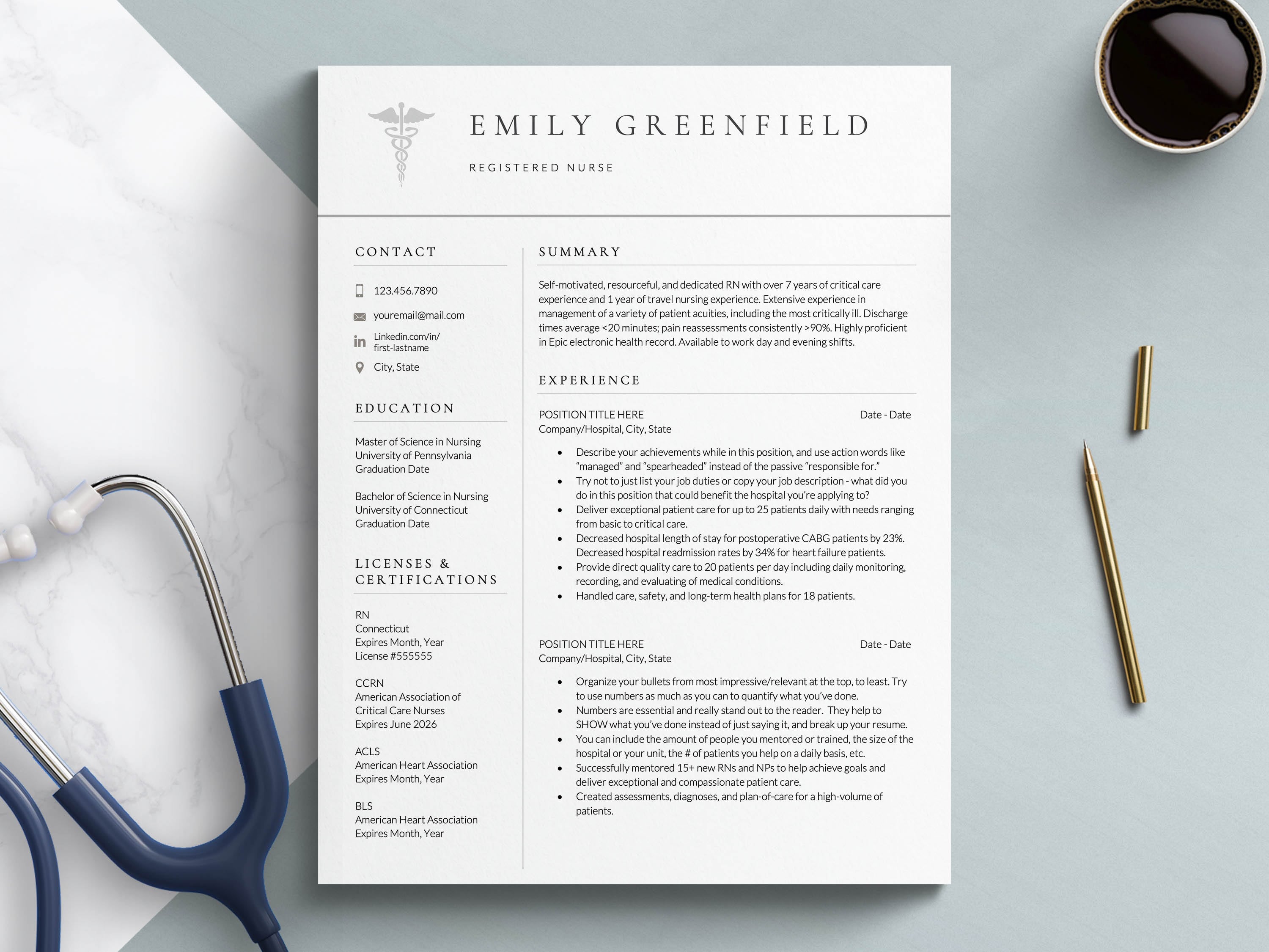 Nursing resume template for google docs, word and mac pages