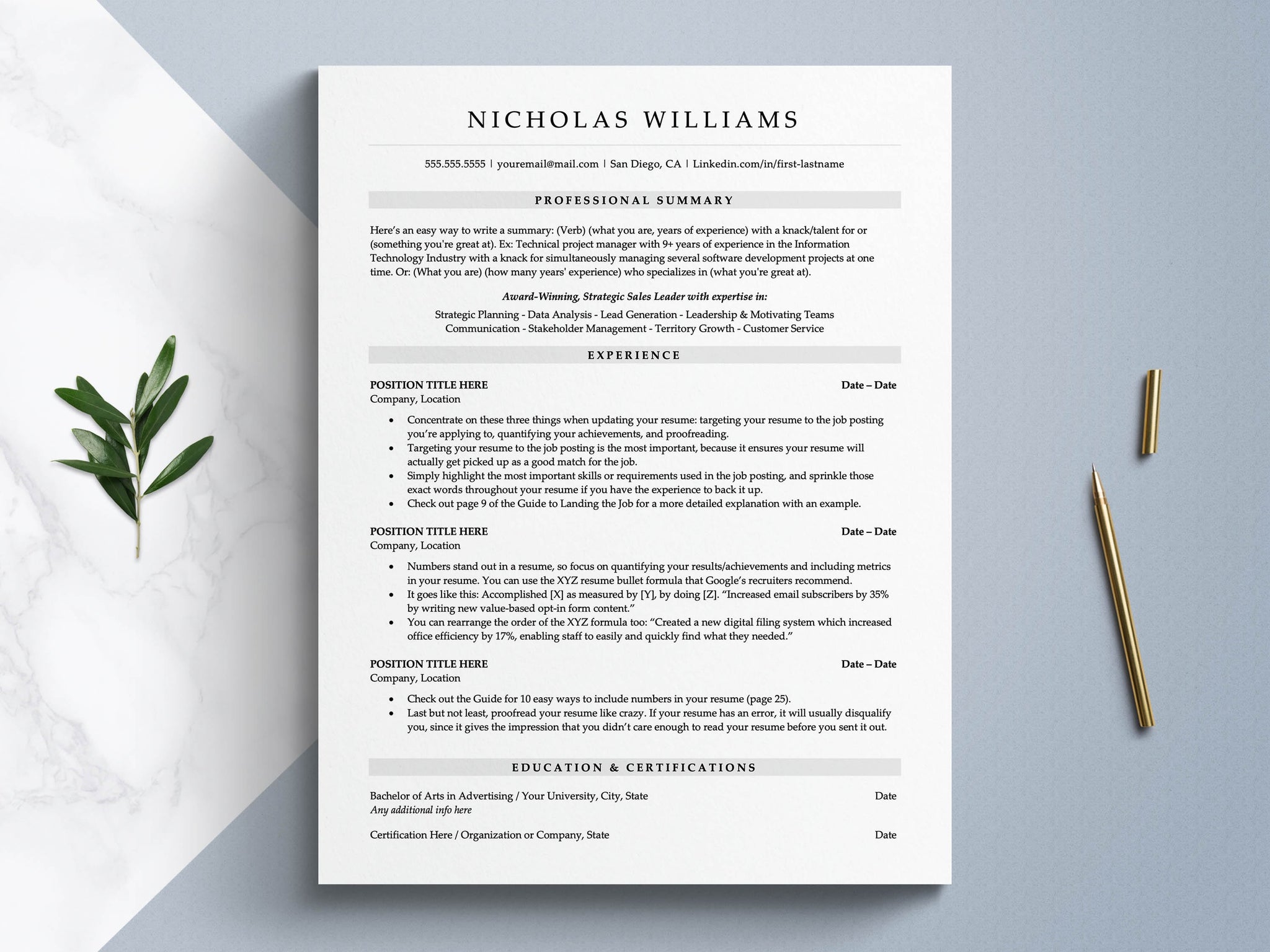 One Column Resume Template for Word and Google Docs