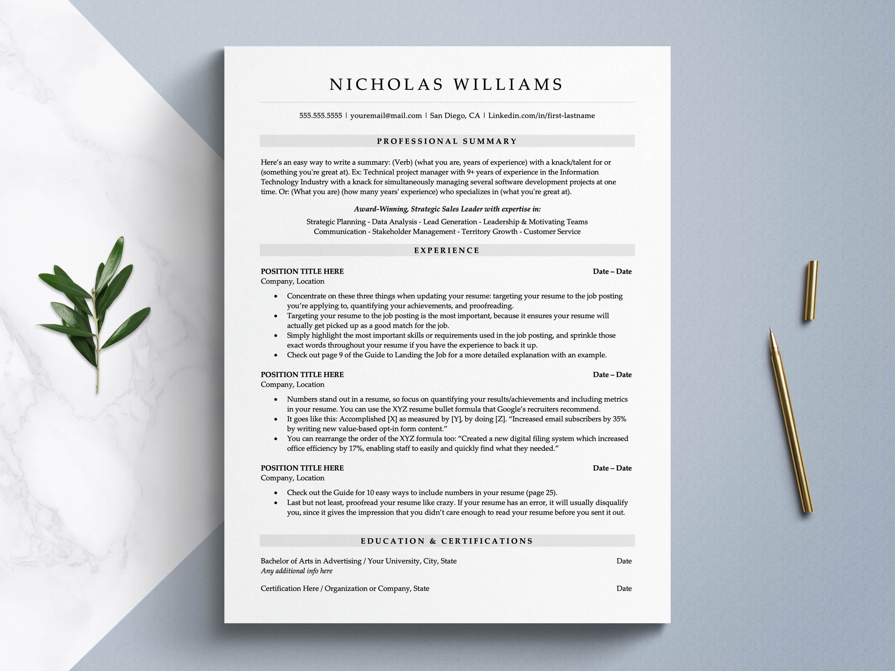 One column resume template for word