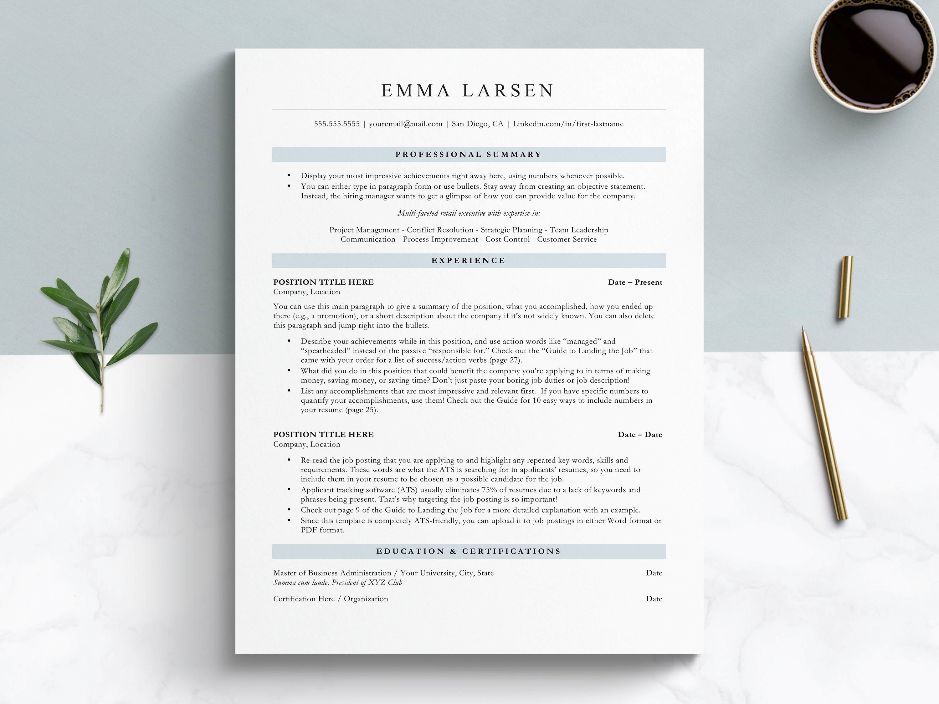 single column resume template