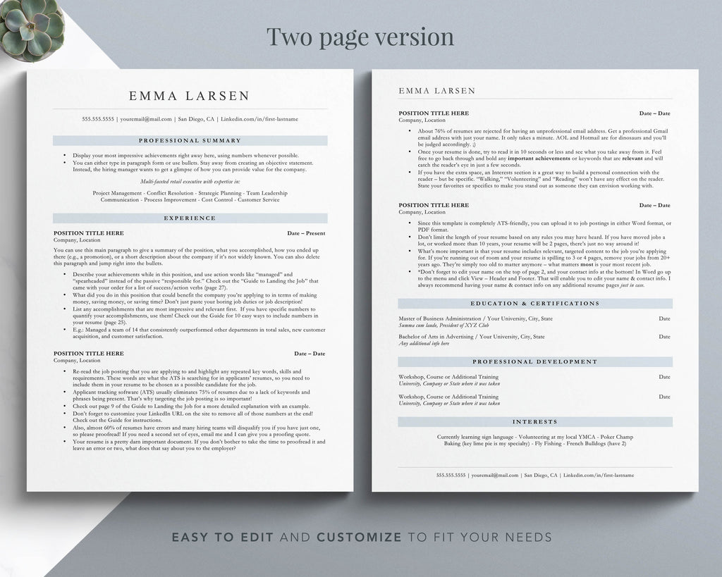 Two Page Resume Template ATS Friendly