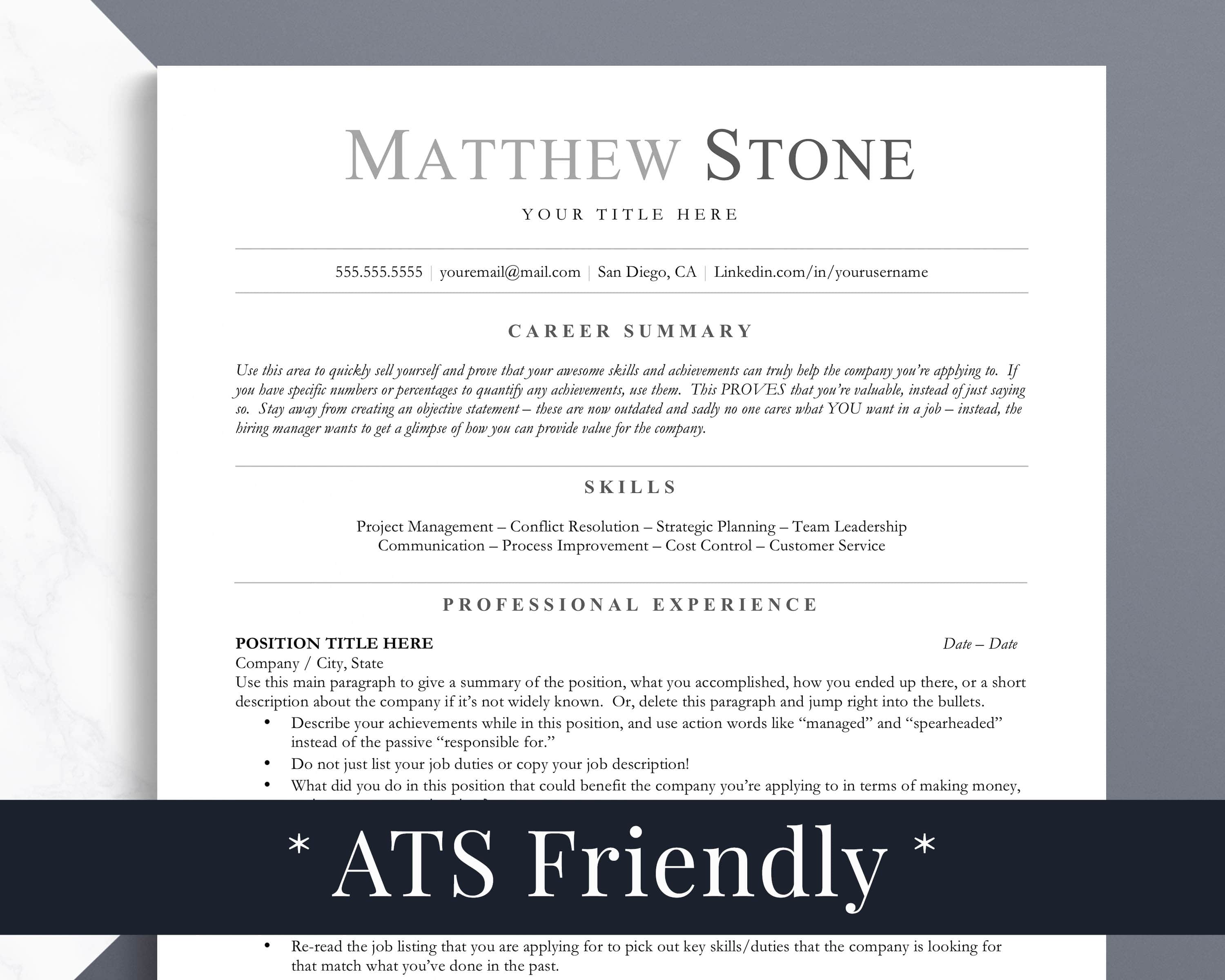 ATS Friendly Compatible Resume Format Template for Word Mac Pages Google Docs