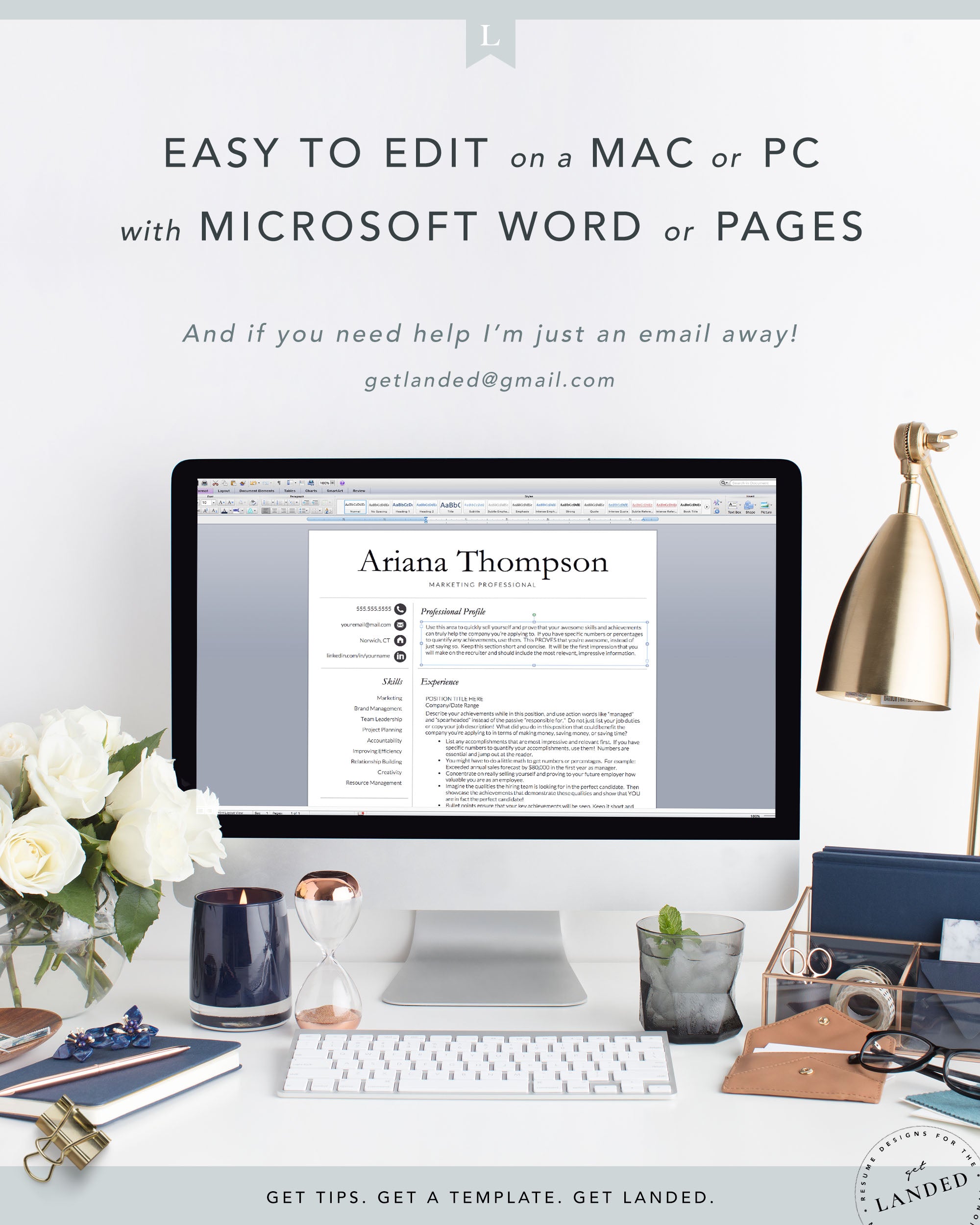 Simple, Professional Resume Template for Word and Pages | The Ariana