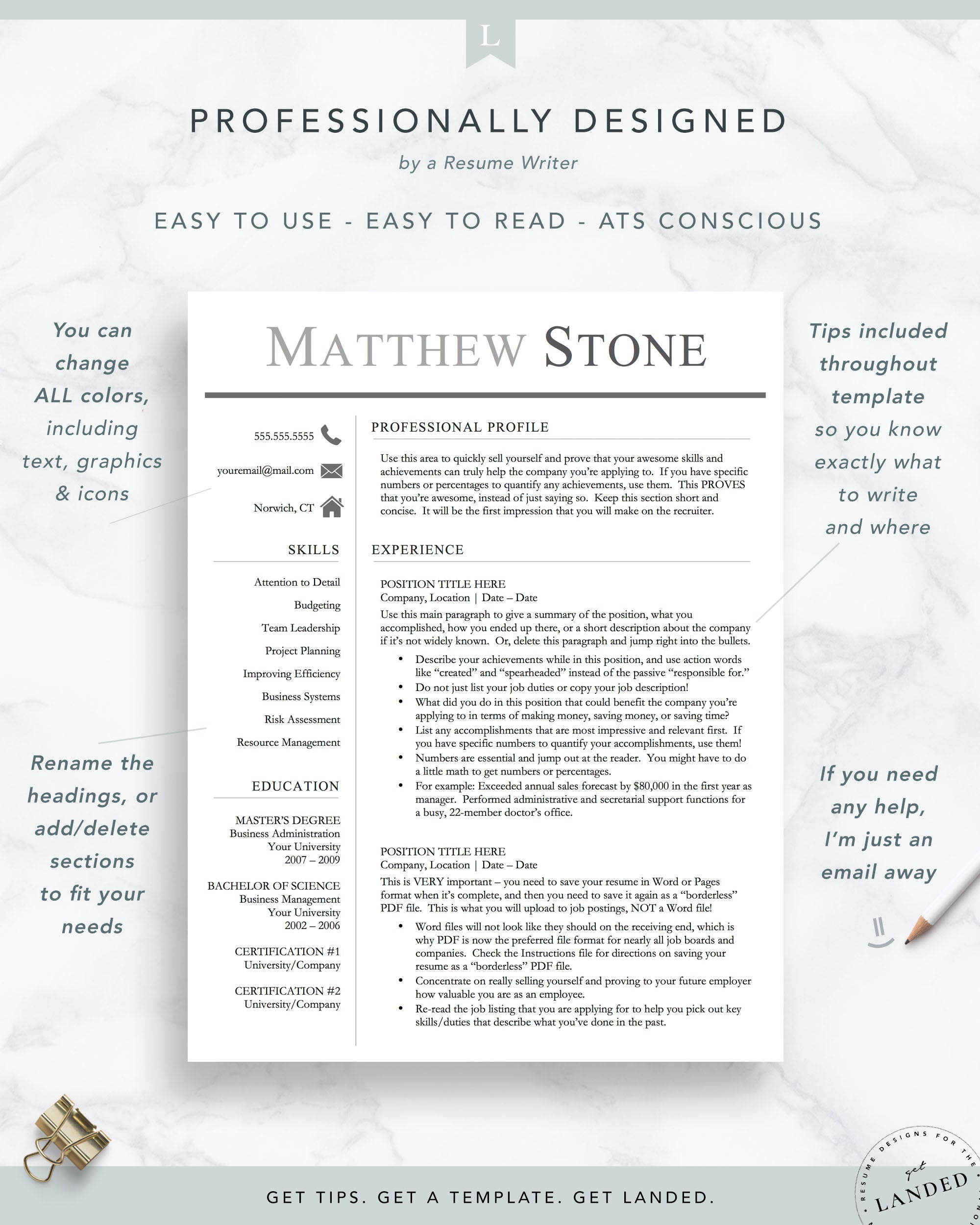 Professional, Masculine Resume Template for Word & Pages | The Stone