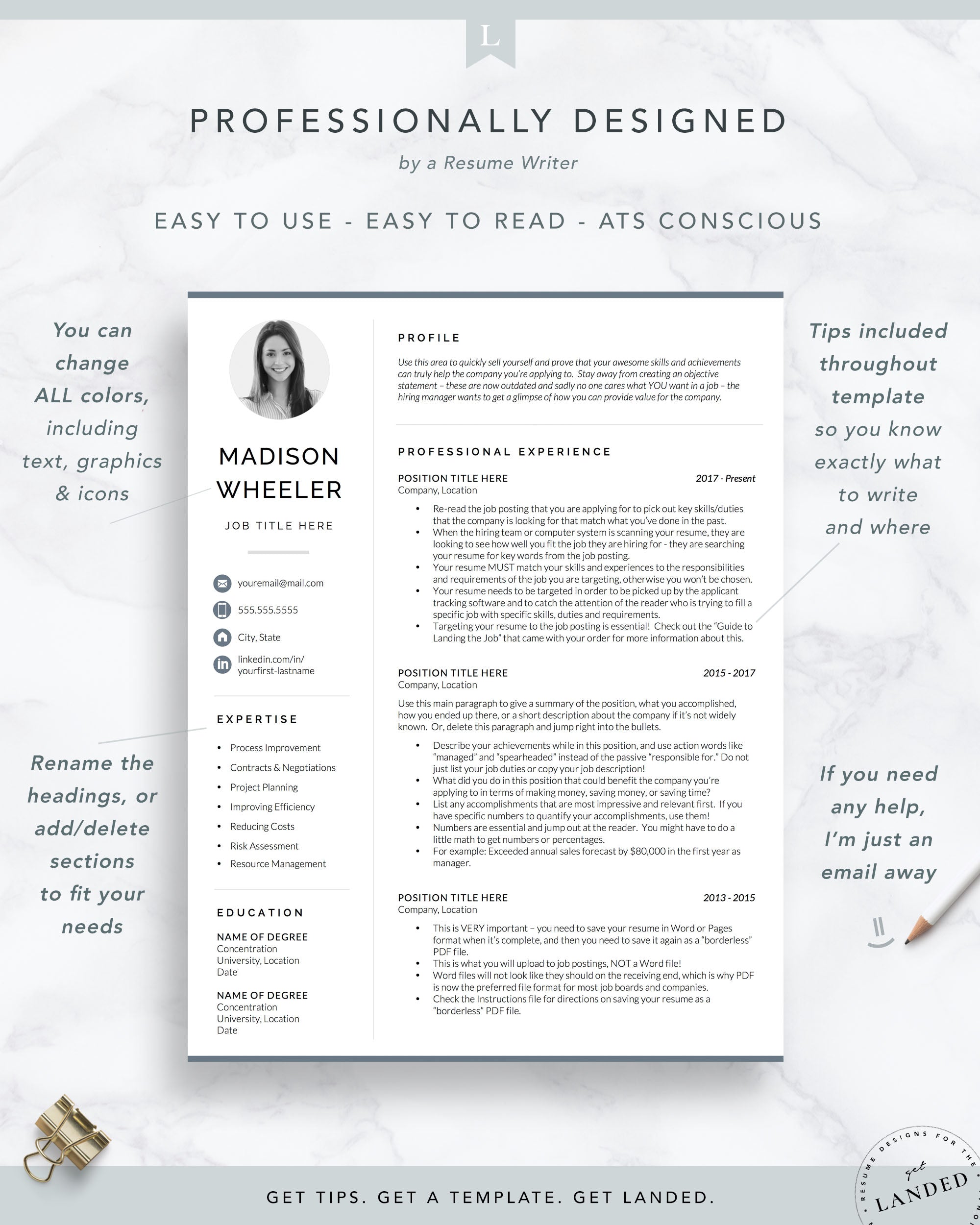 Two Page Resume Template with Photo for Word and Pages | The Madison