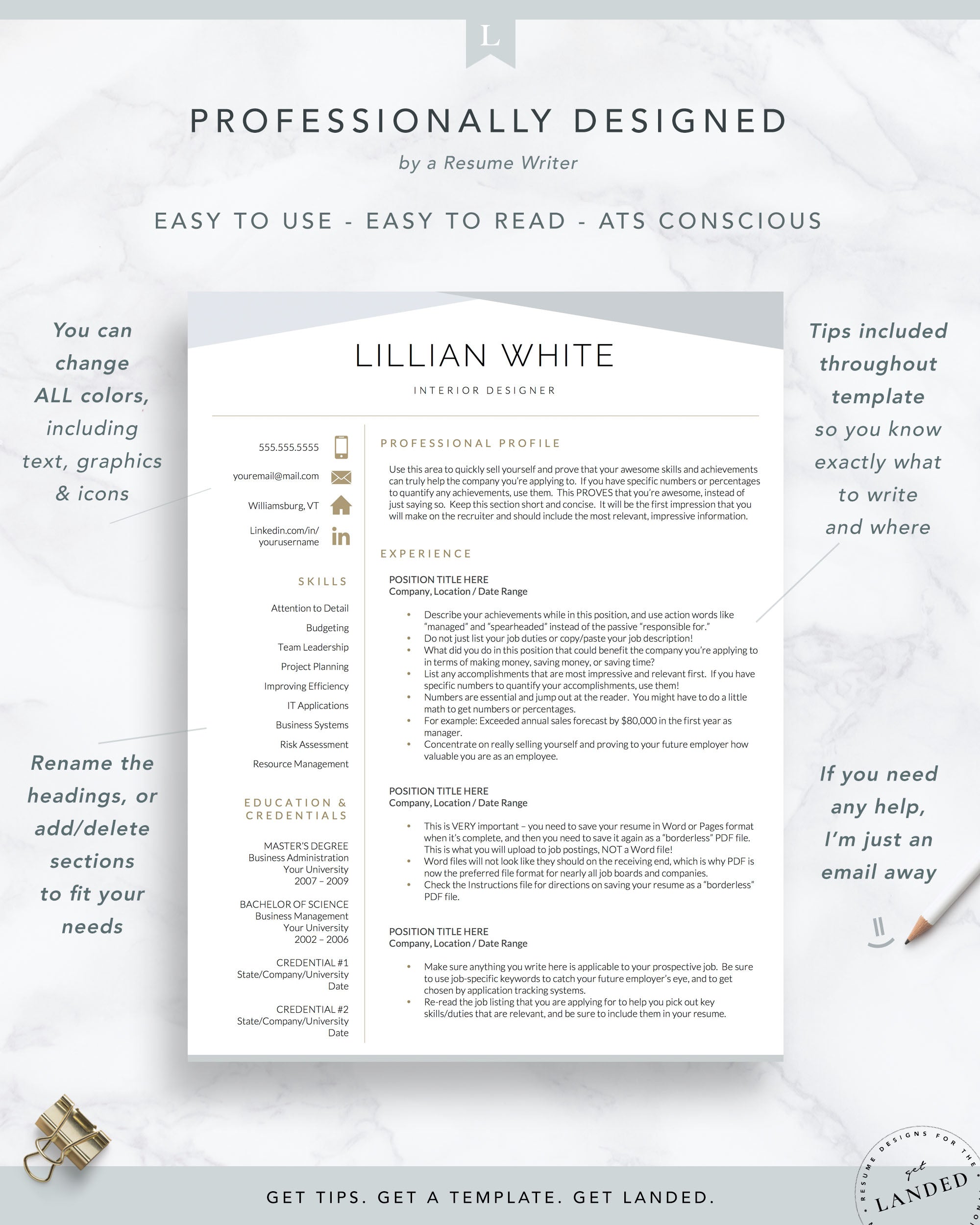 Interior Designer Resume Template for Word & Pages | The Lillian