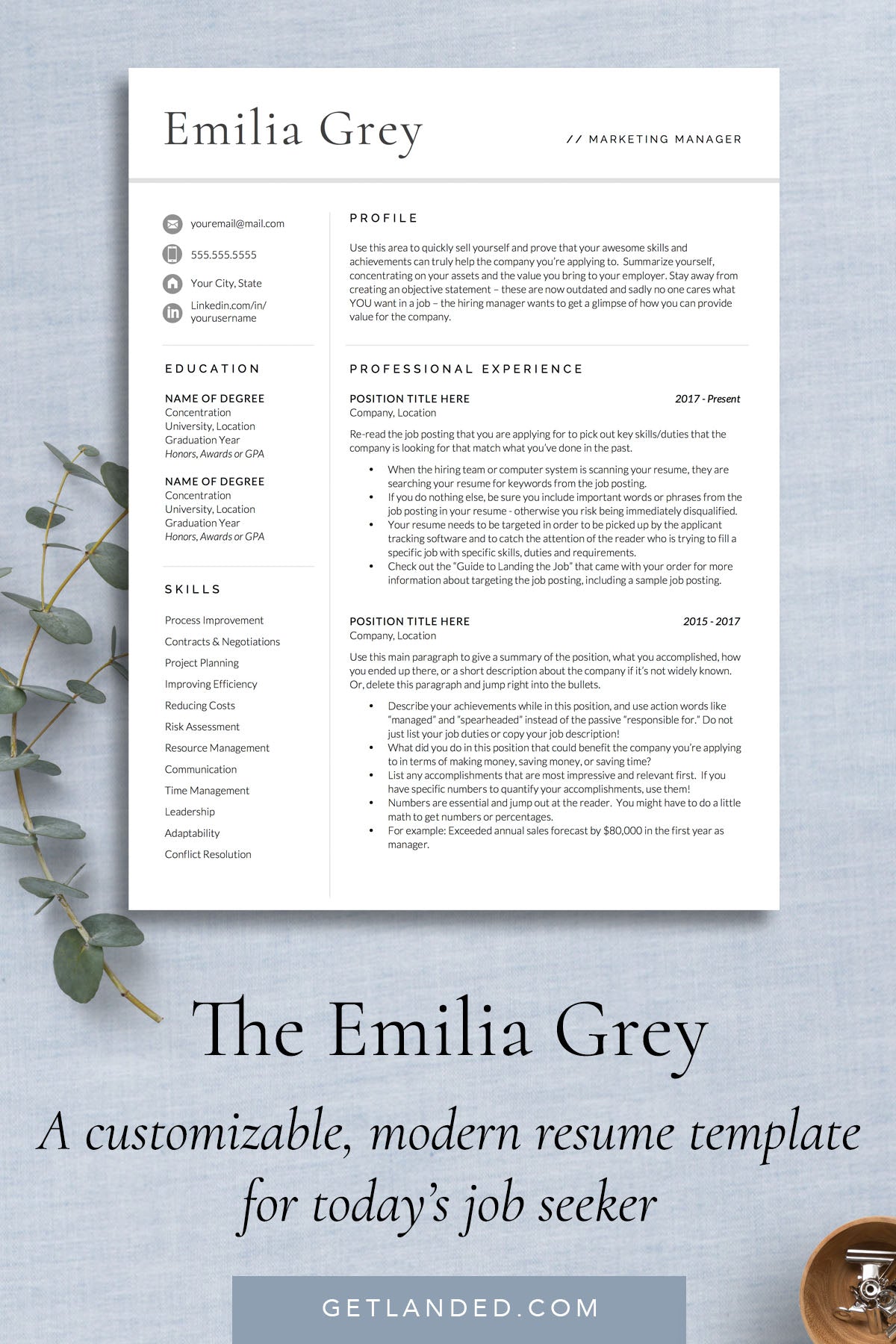 Modern Resume Template, Professional CV Template | The Emilia Grey