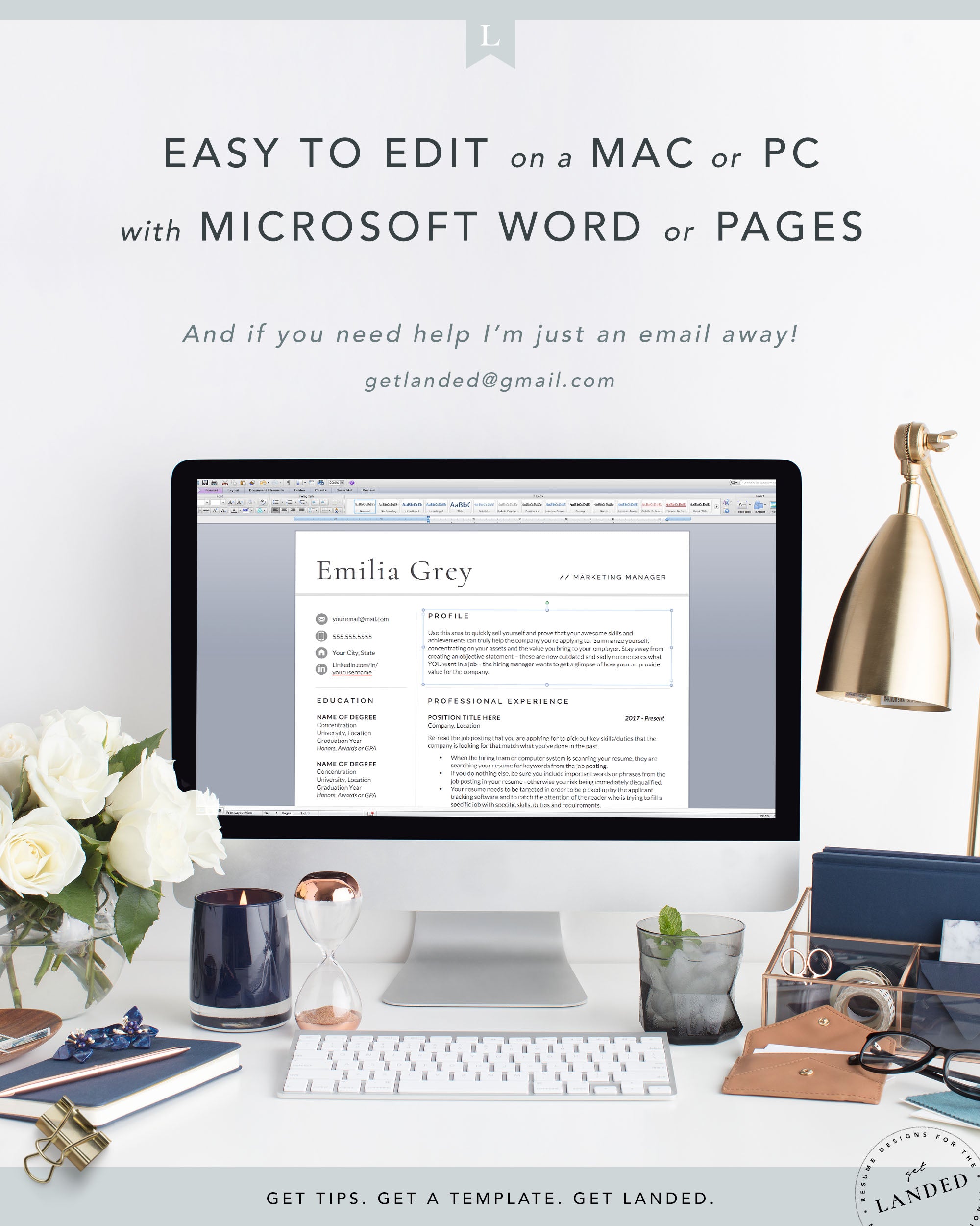 Modern Resume Template, Professional CV Template | The Emilia Grey