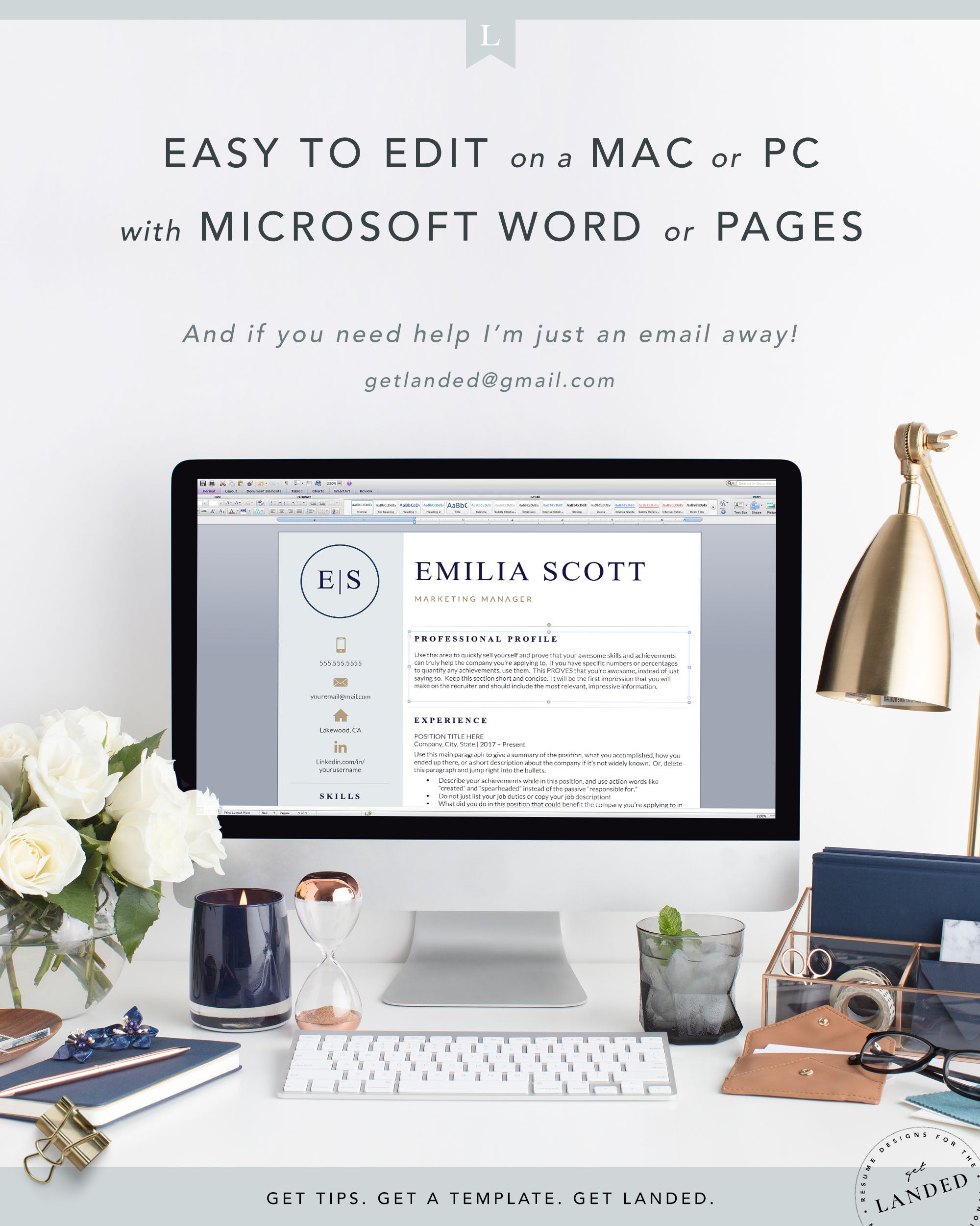 Creative, Stylish Resume Template for Word and Pages | The Emilia