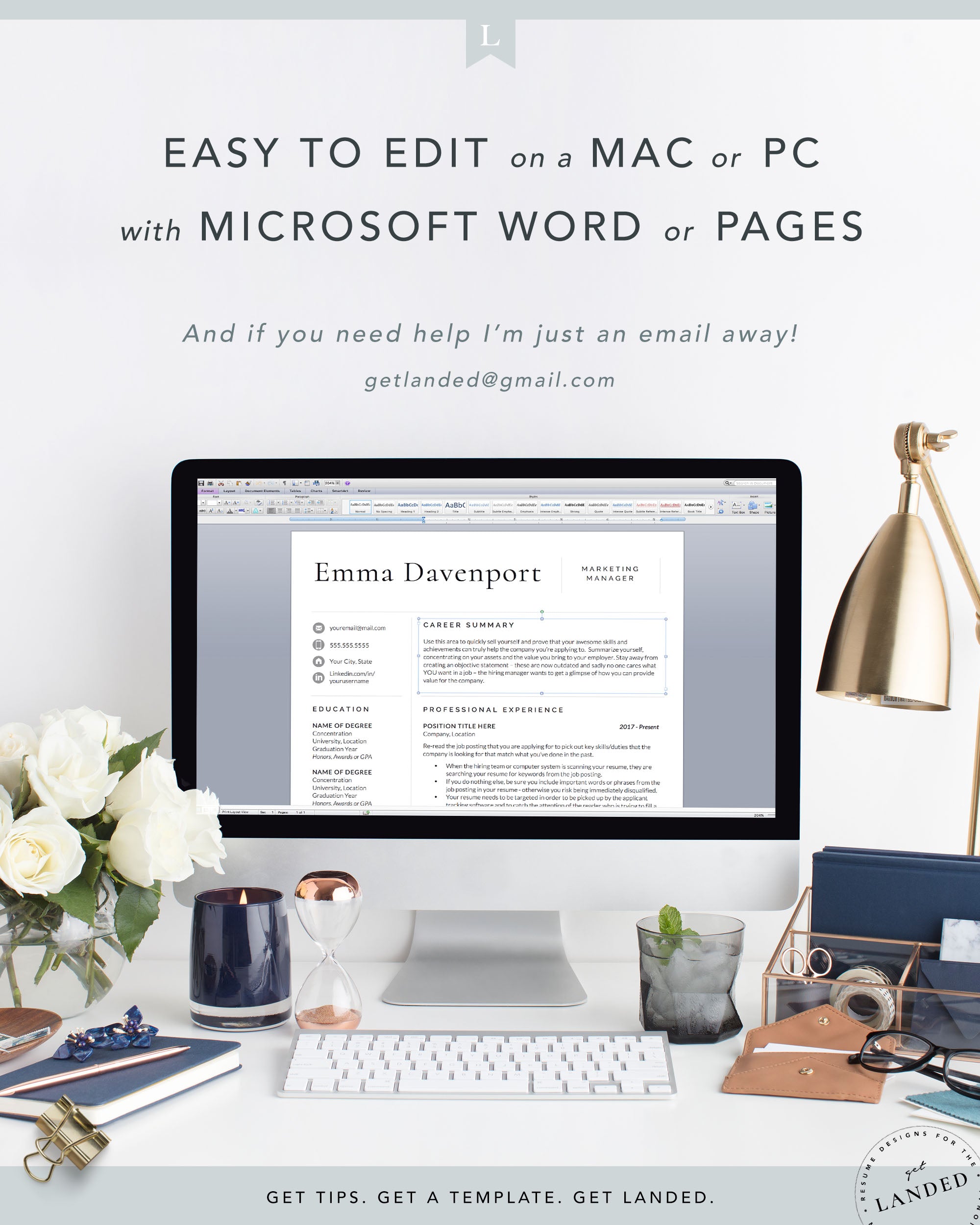 Modern, Clean Resume Template, Professional CV Template | The Emma