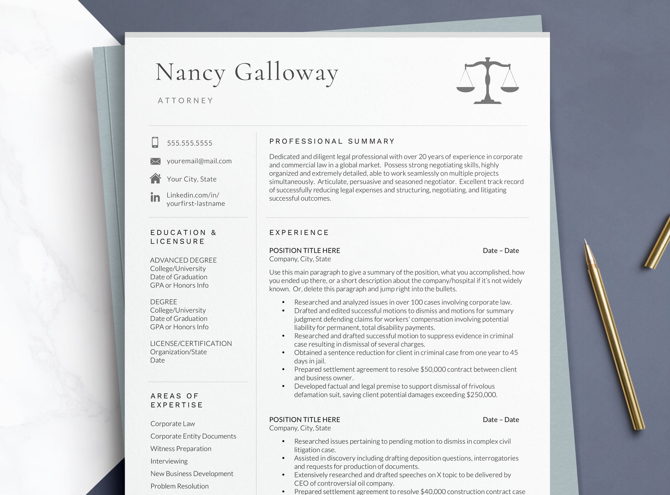 Entry Level Attorney Resume Template for Word and Pages Mac