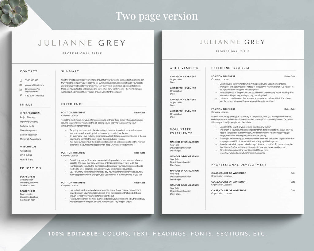 Professional 2 page resume template for apple and mac pages google docs