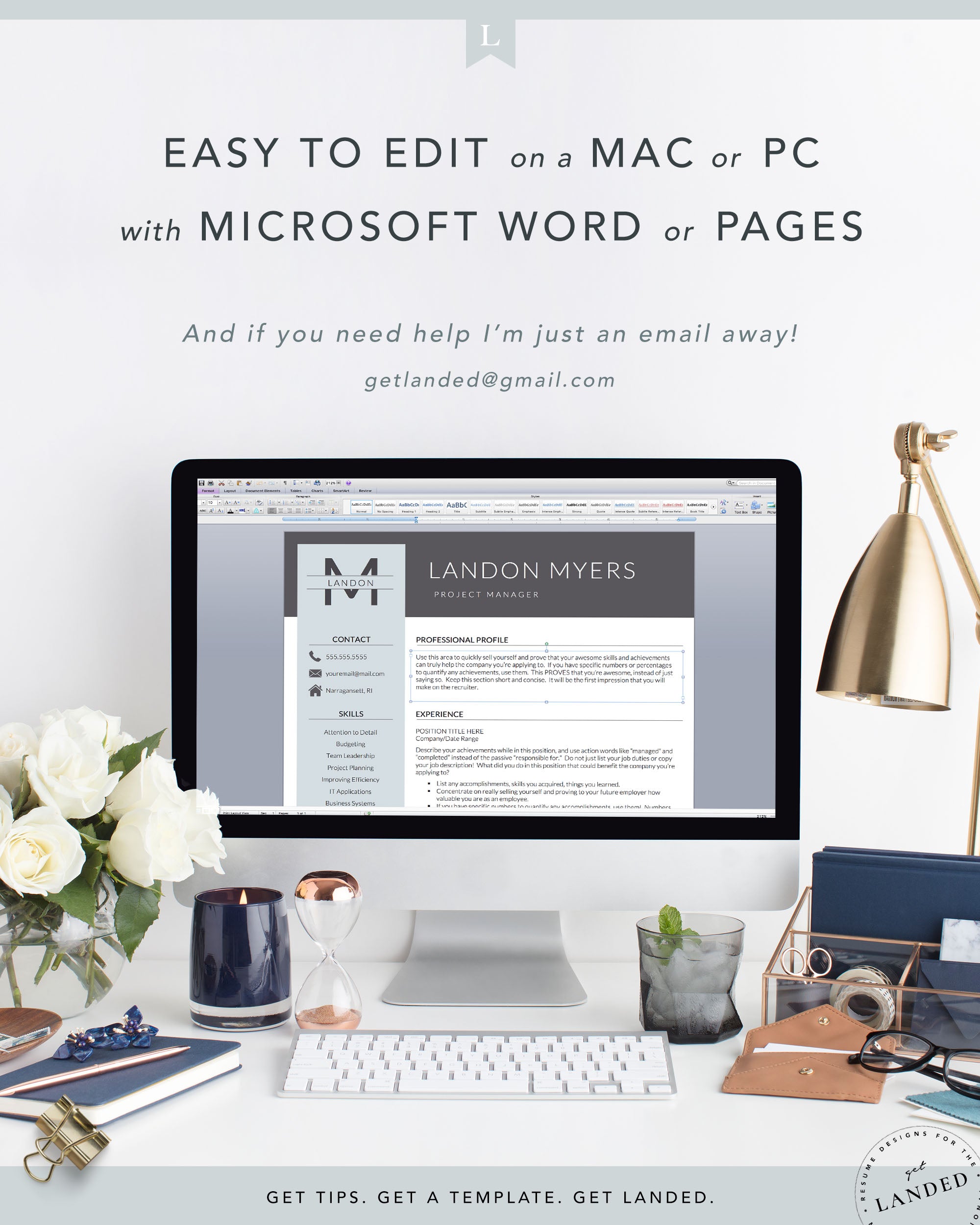 Professional Resume Template for Word and Pages | The Landon