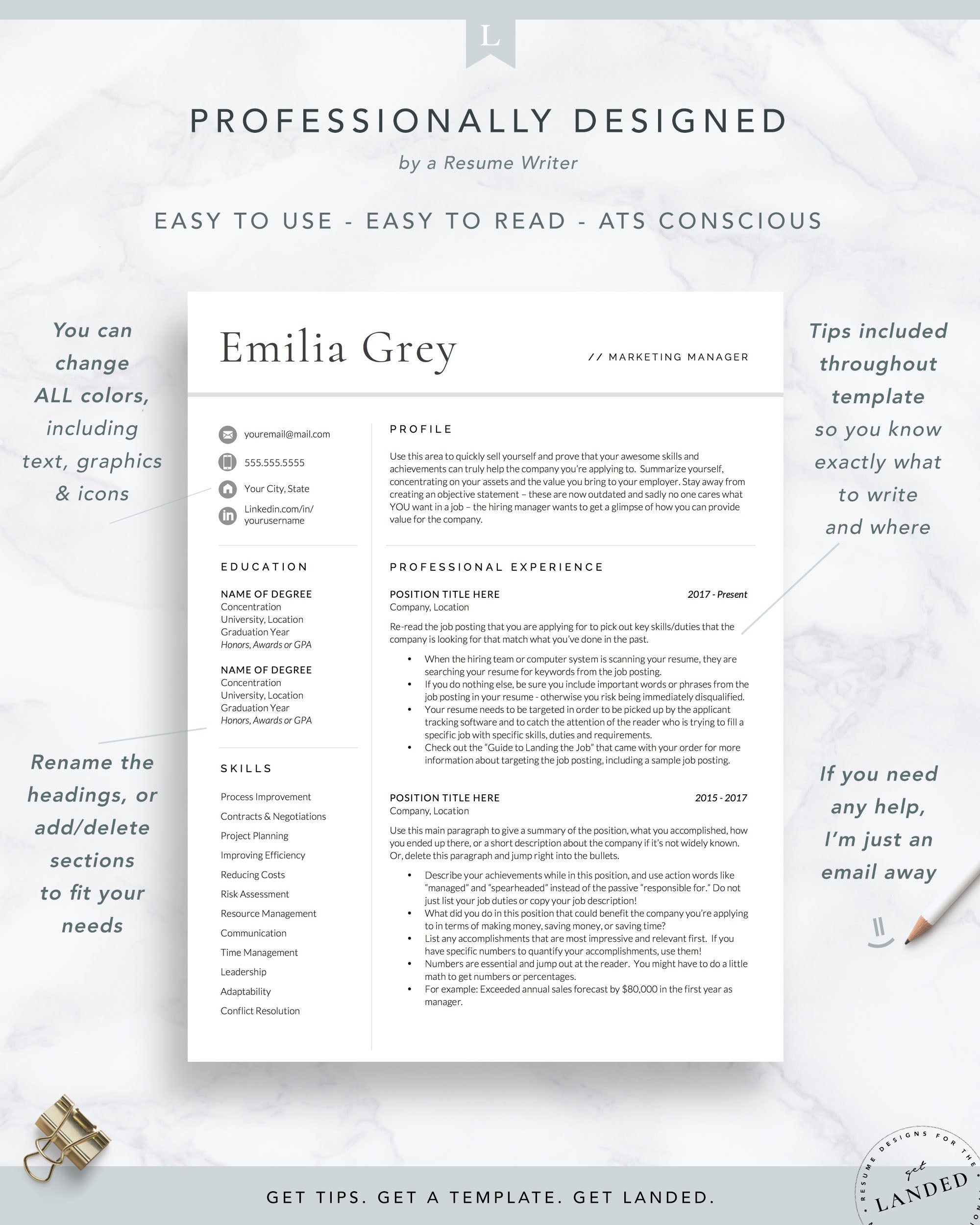 Modern Resume Template, Professional CV Template | The Emilia Grey