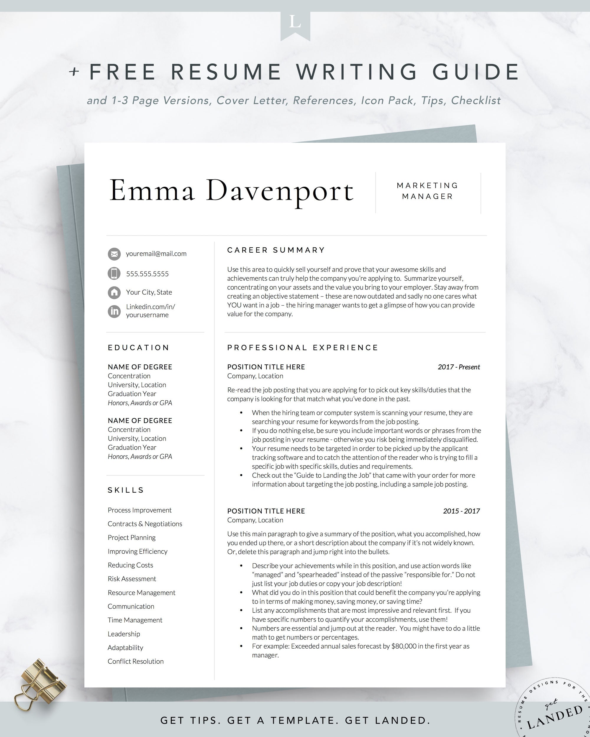 Modern, Clean Resume Template, Professional CV Template | The Emma