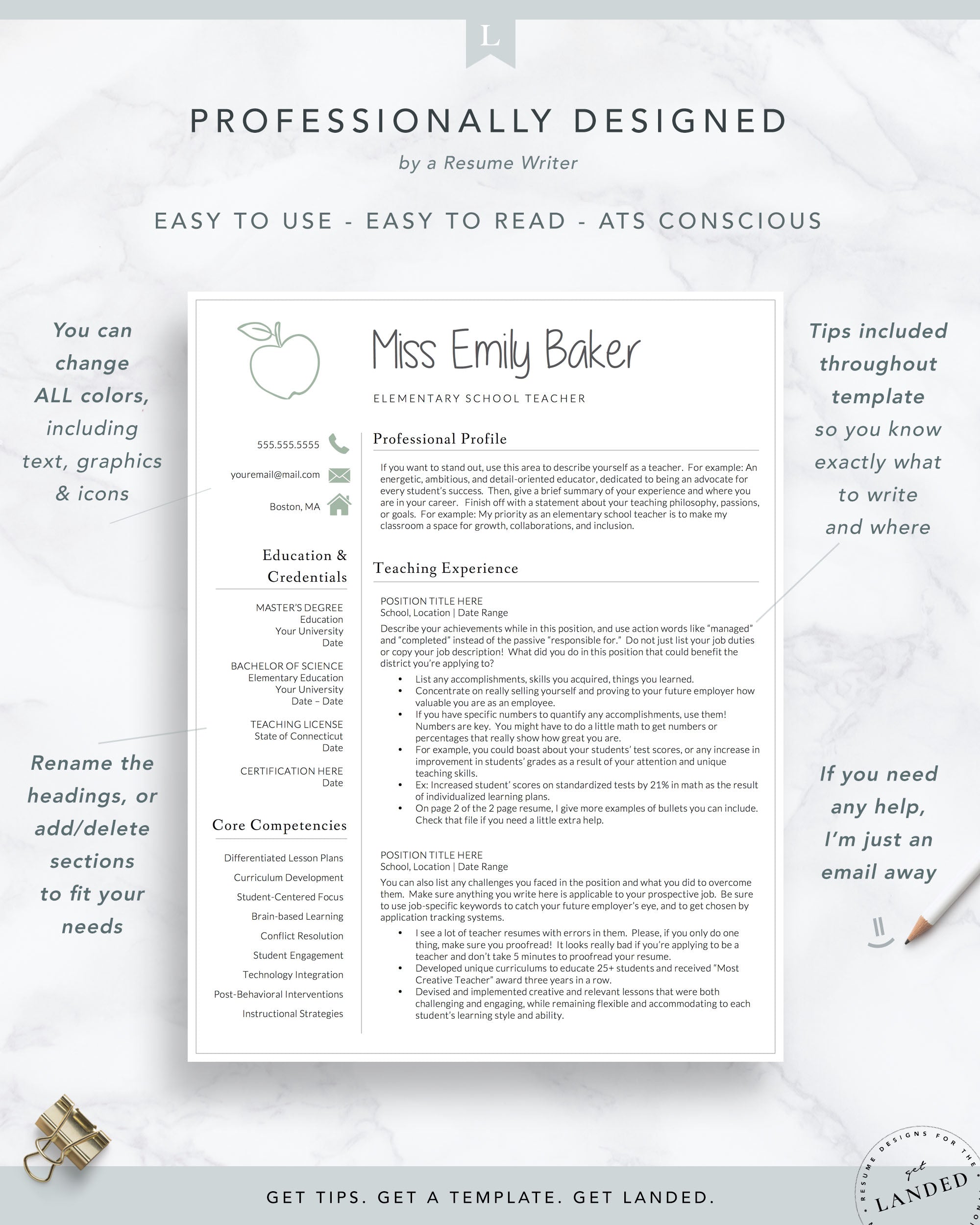 Elementary Education Resume Template, Teaching Resume | The Emily Baker