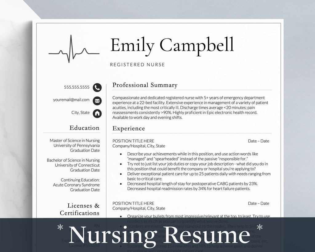 Nursing resume template for google docs, ms word and mac pages
