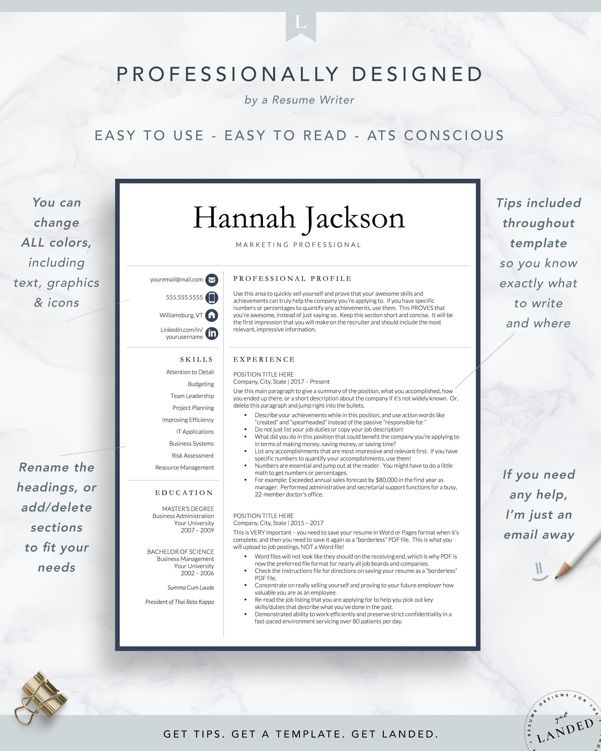 Professional Resume Template for Word and Pages | The Hannah