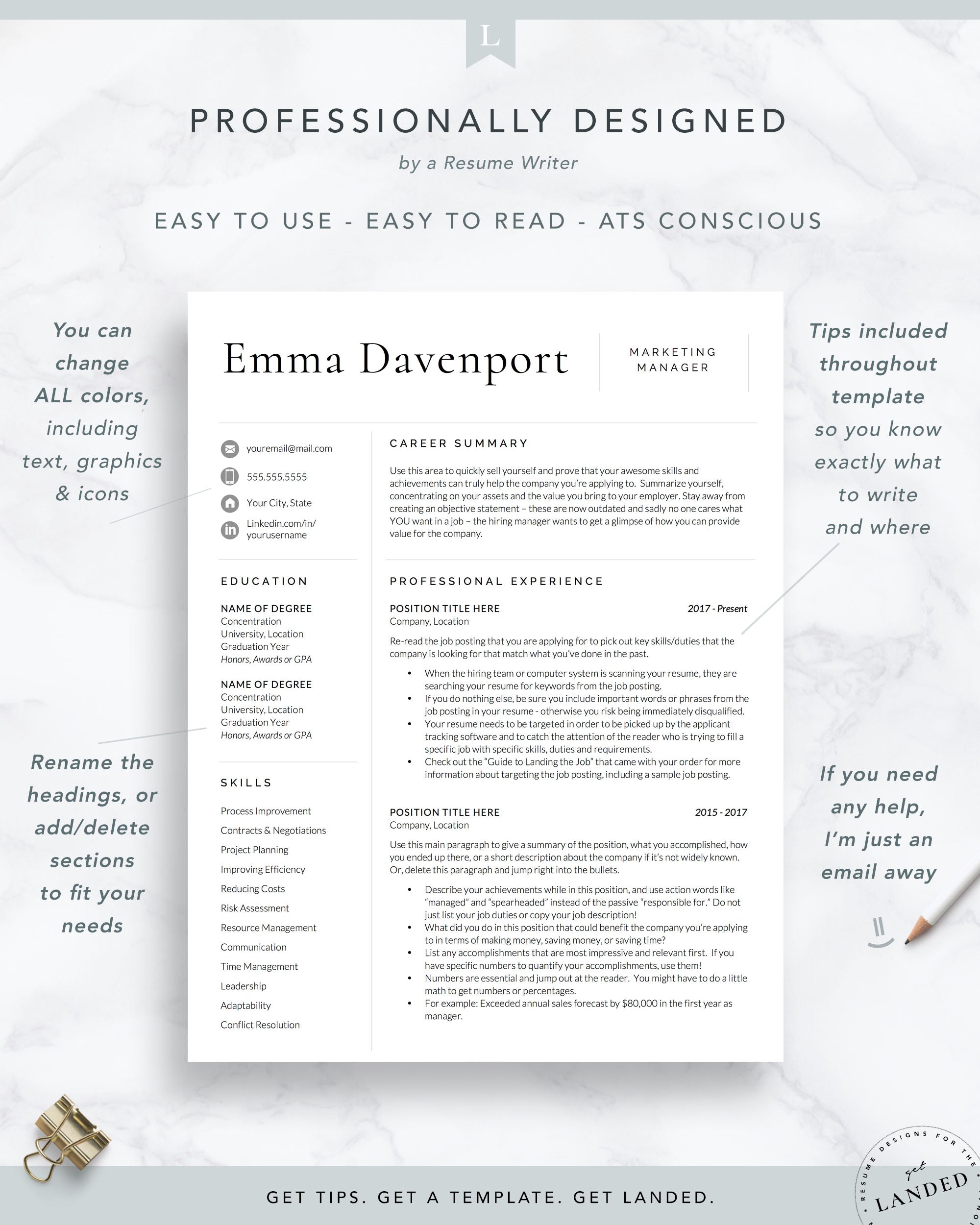 Modern, Clean Resume Template, Professional CV Template | The Emma