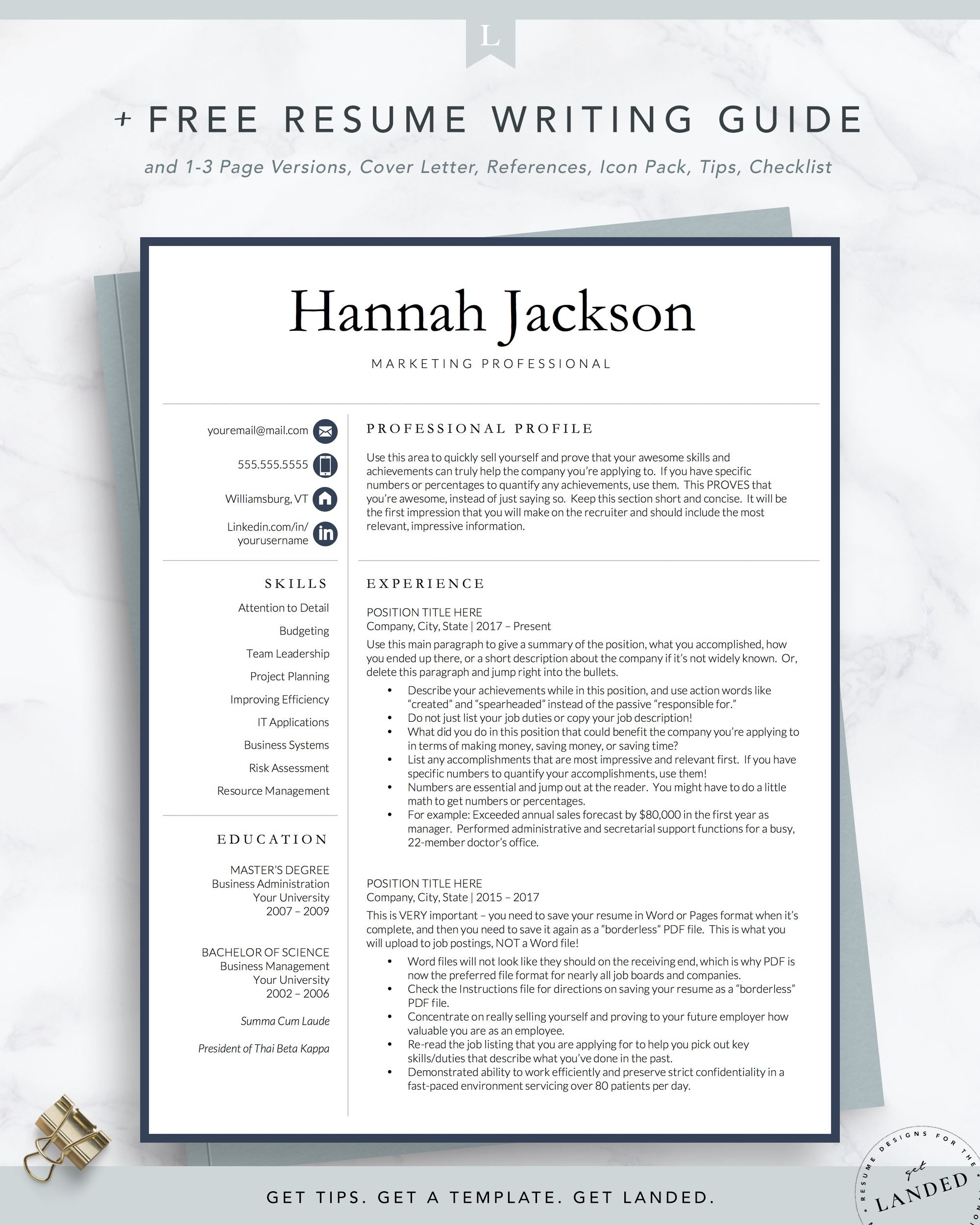 Professional Resume Template for Word and Pages | The Hannah