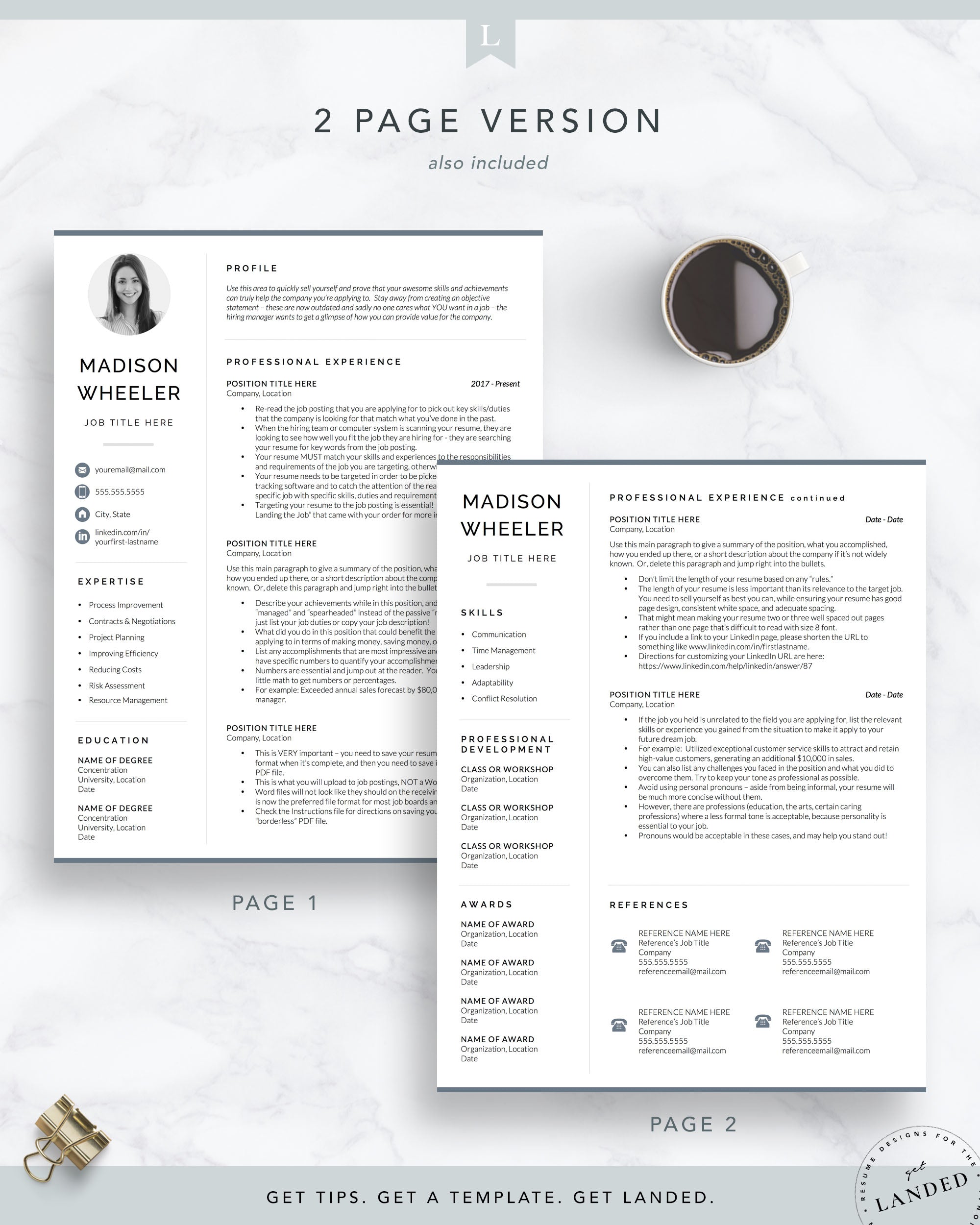 Two Page Resume Template with Photo for Word and Pages | The Madison