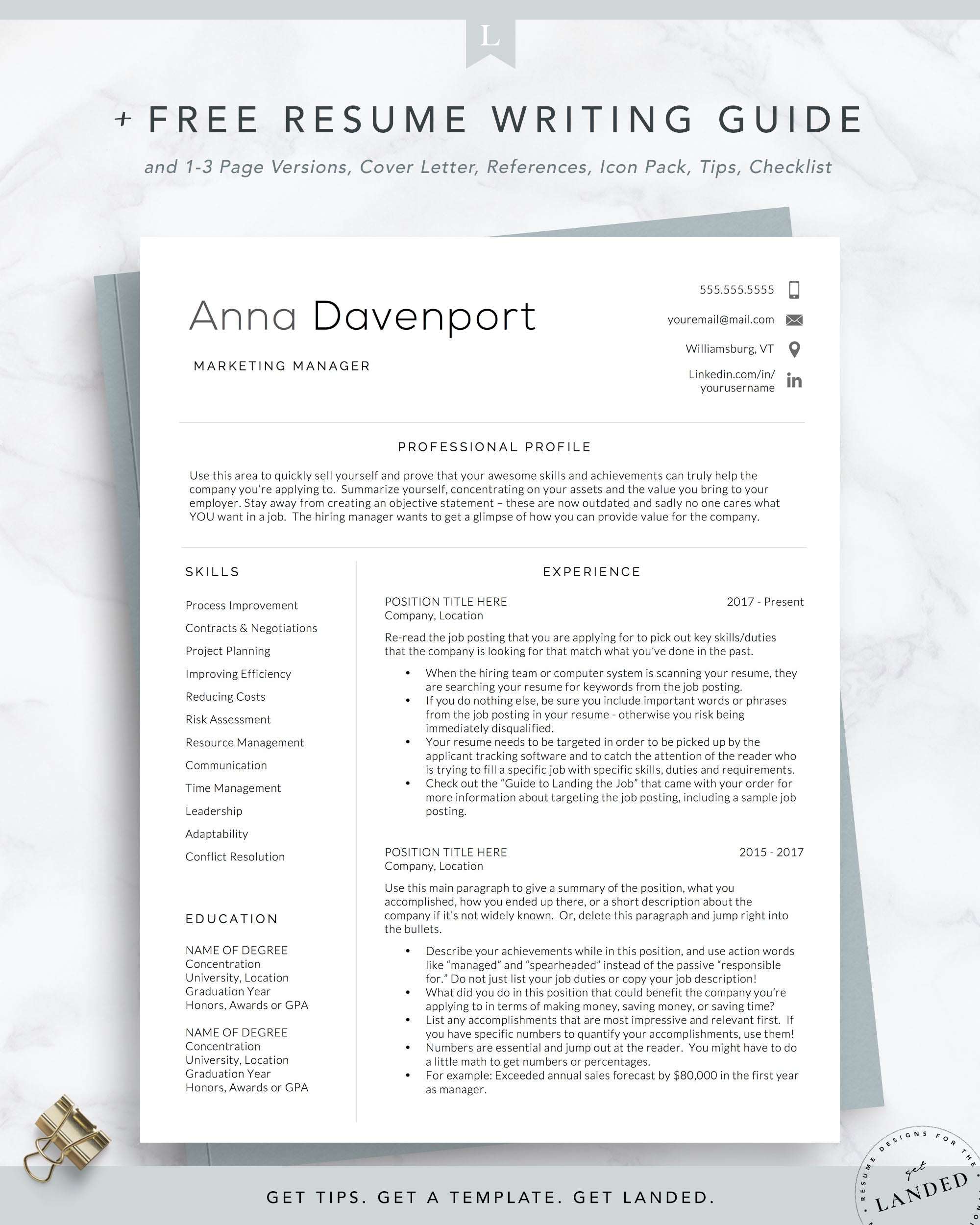 Minimal, Clean Resume Template for Word & Pages | The Anna Davenport