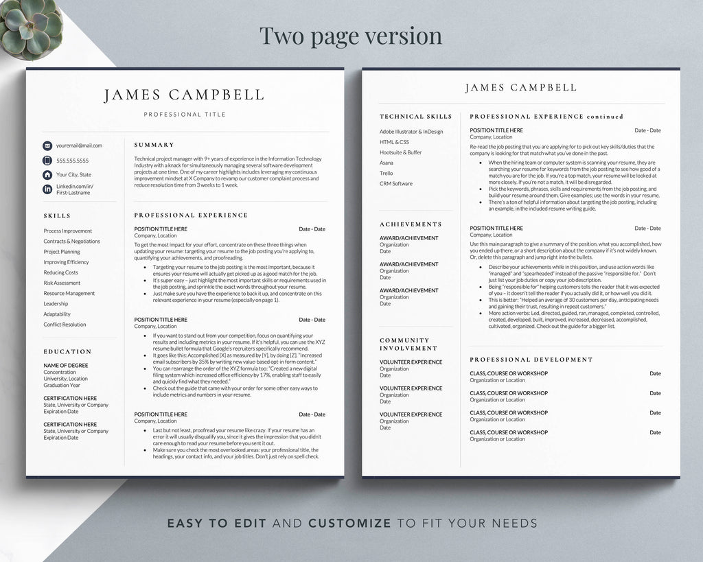2 page modern executive resume template for google docs, word apple mac pages